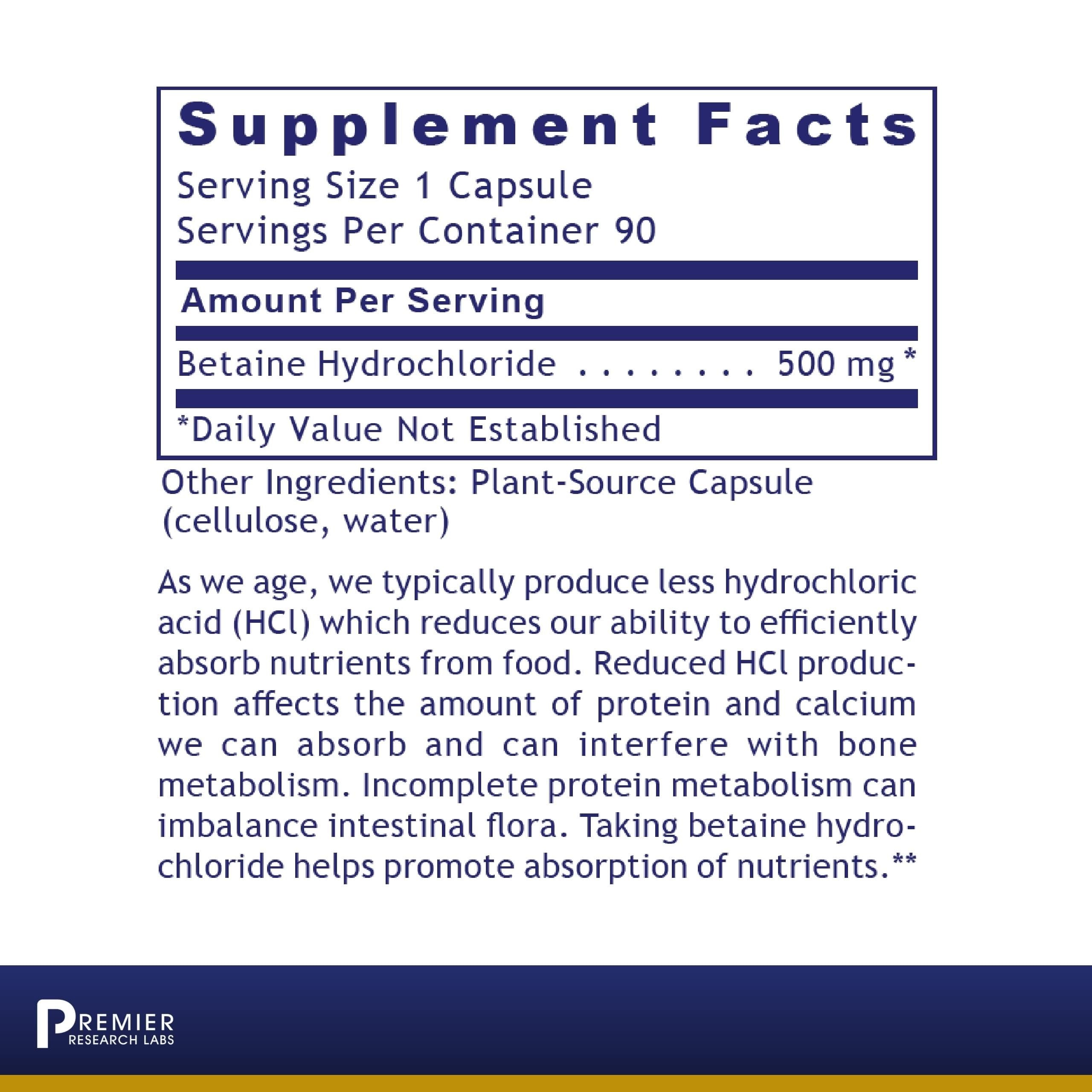 Premier Research Labs Premier HCL | Betaine HCL | 90 Vegetarian Capsules thumbnail 3
