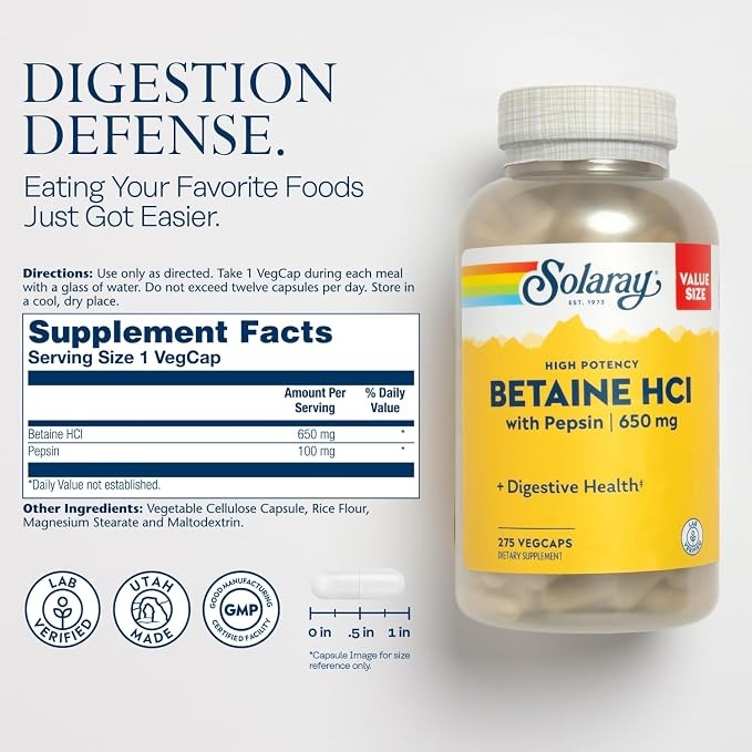 Solaray High Potency Betaine HCl with Pepsin | Digestive Support | 275 Veg Caps thumbnail 2