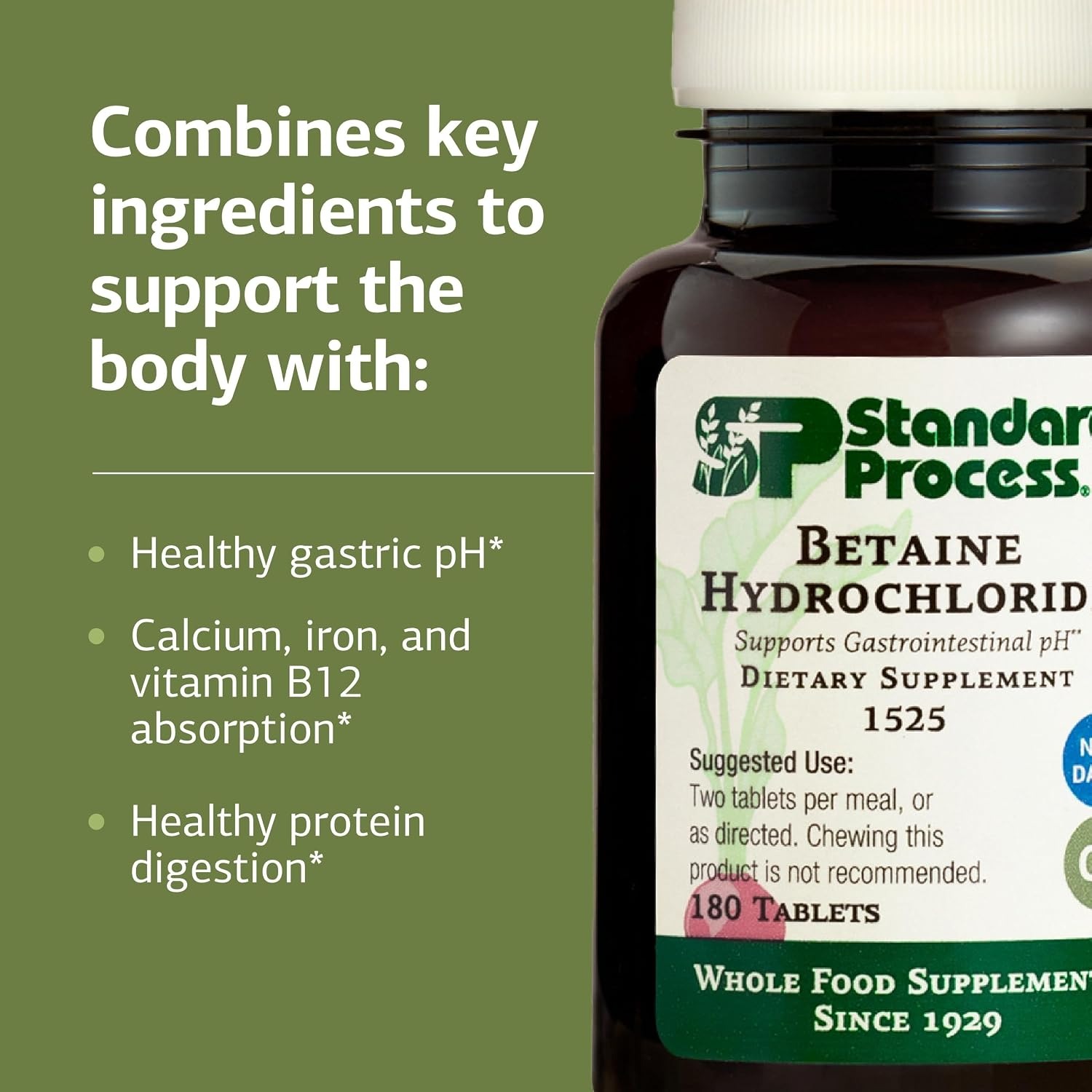 Standard Process Betaine Hydrochloride | GI pH Support | 180 Tablets thumbnail 2
