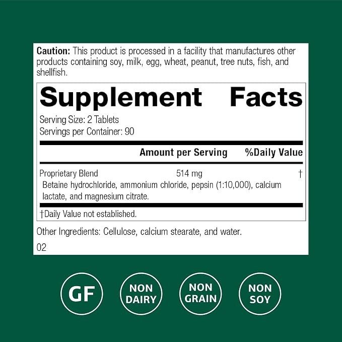 Standard Process Betaine Hydrochloride | GI pH Support | 180 Tablets thumbnail 4