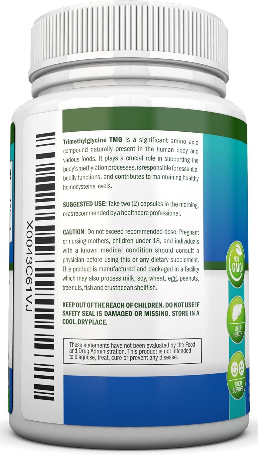 TMG Trimethylglycine 1000mg | Pure Betaine Anhydrous | 180 Capsules thumbnail 5