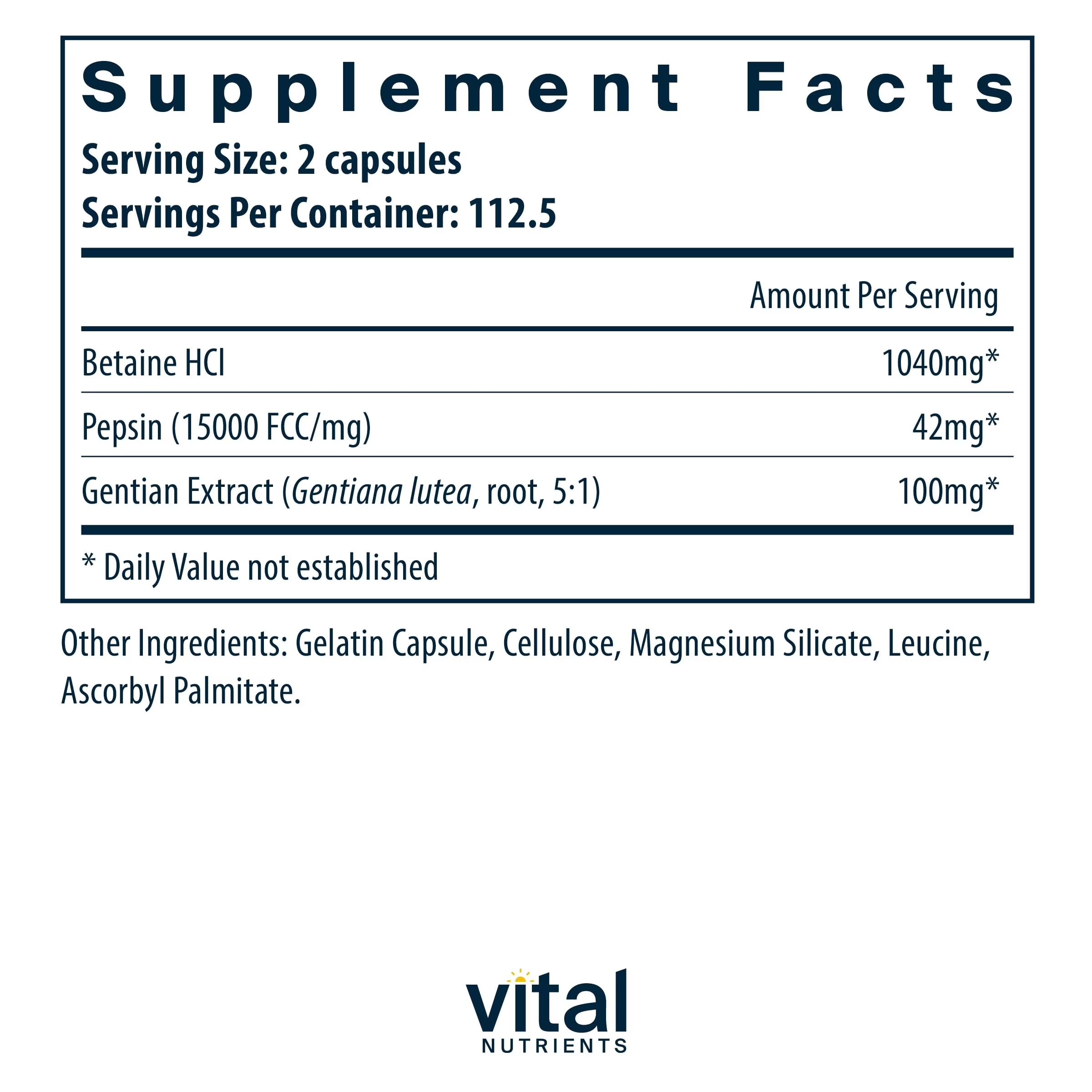 Vital Nutrients Betaine HCl Pepsin with Gentian Root | 225 Capsules thumbnail 2