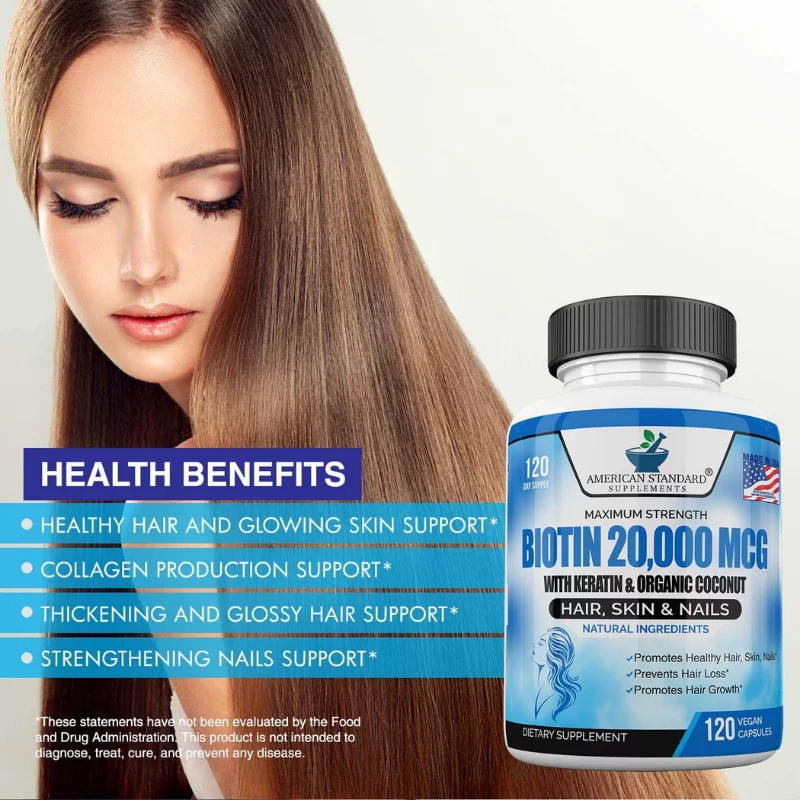 American Standard Biotin 20,000mcg with Keratin, Coconut & Zinc | 120 Vegan Capsules thumbnail 2