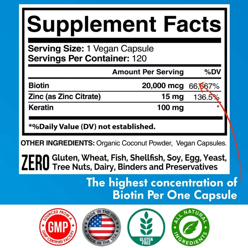 American Standard Biotin 20,000mcg with Keratin, Coconut & Zinc | 120 Vegan Capsules thumbnail 3