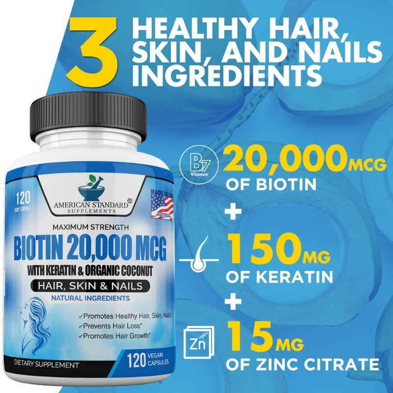 American Standard Biotin 20,000mcg with Keratin, Coconut & Zinc | 120 Vegan Capsules thumbnail 4