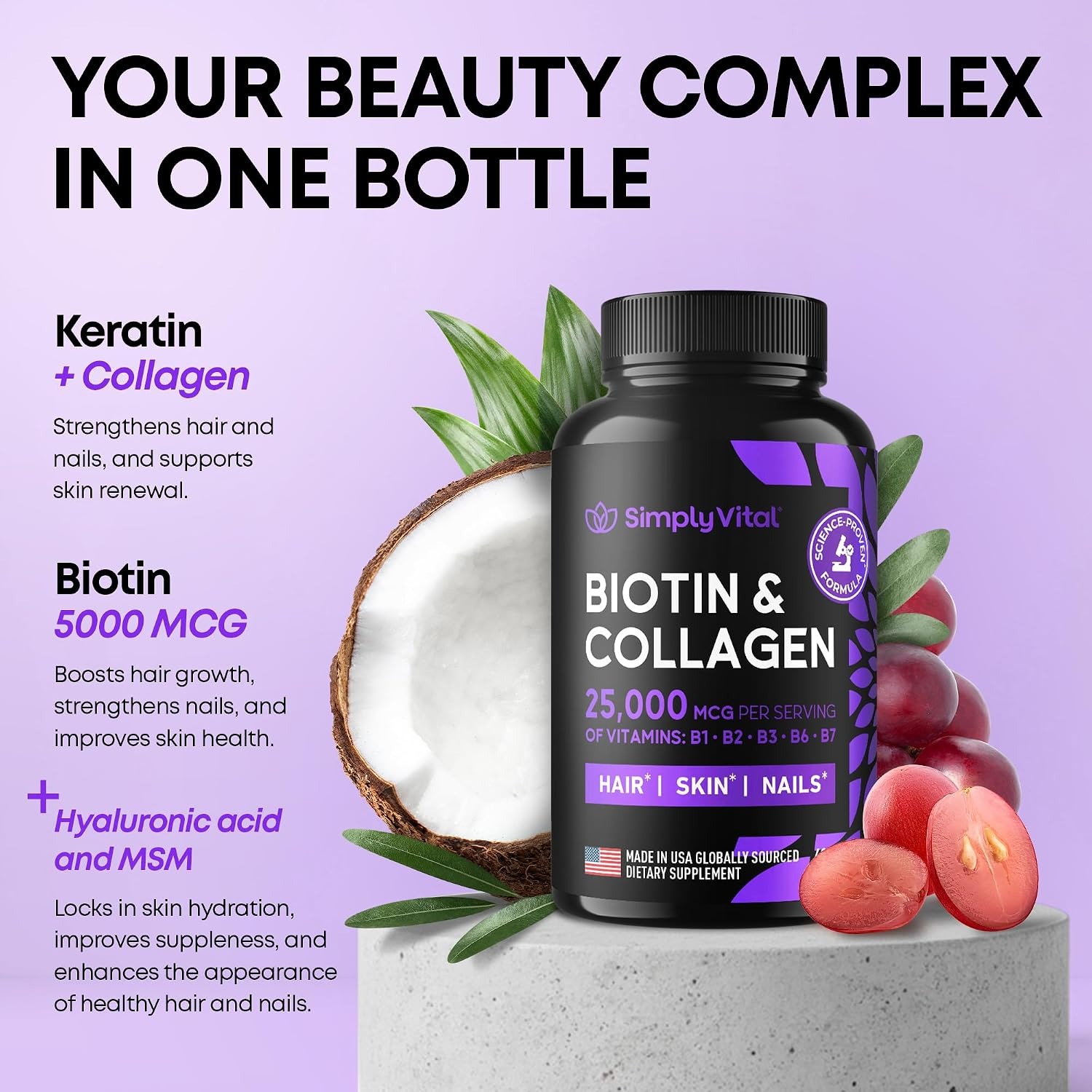 Biotin 5000mcg with Keratin & Collagen | Hair, Skin & Nails | 60 Capsules thumbnail 7