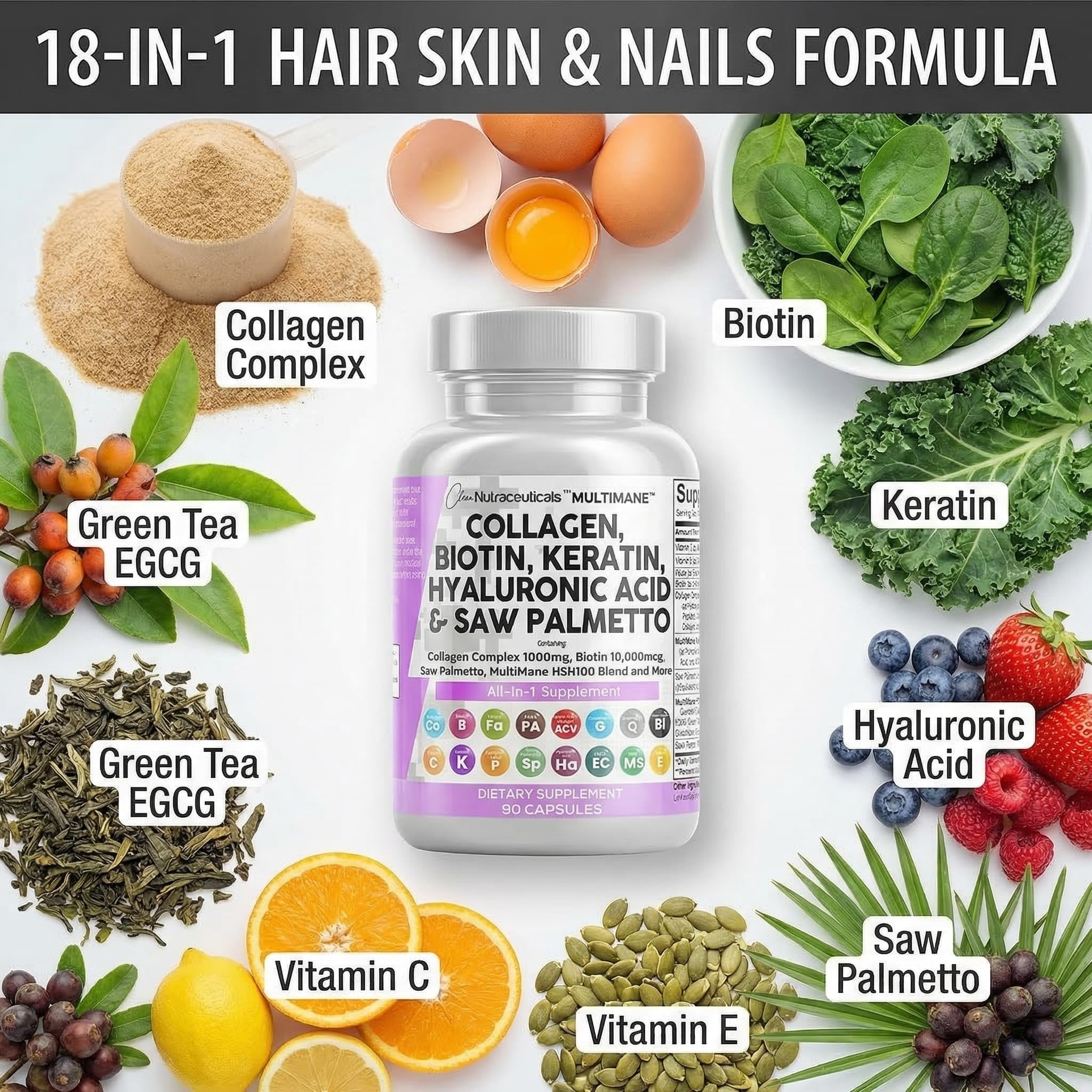 Clean Nutraceuticals Collagen Pills 1000mg | Biotin 10000mcg & Keratin | 90 Count thumbnail 3