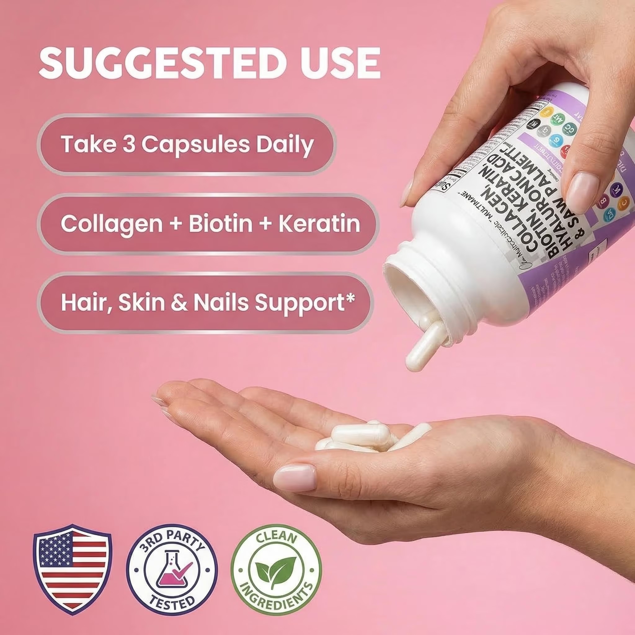 Clean Nutraceuticals Collagen Pills 1000mg | Biotin 10000mcg & Keratin | 90 Count thumbnail 8