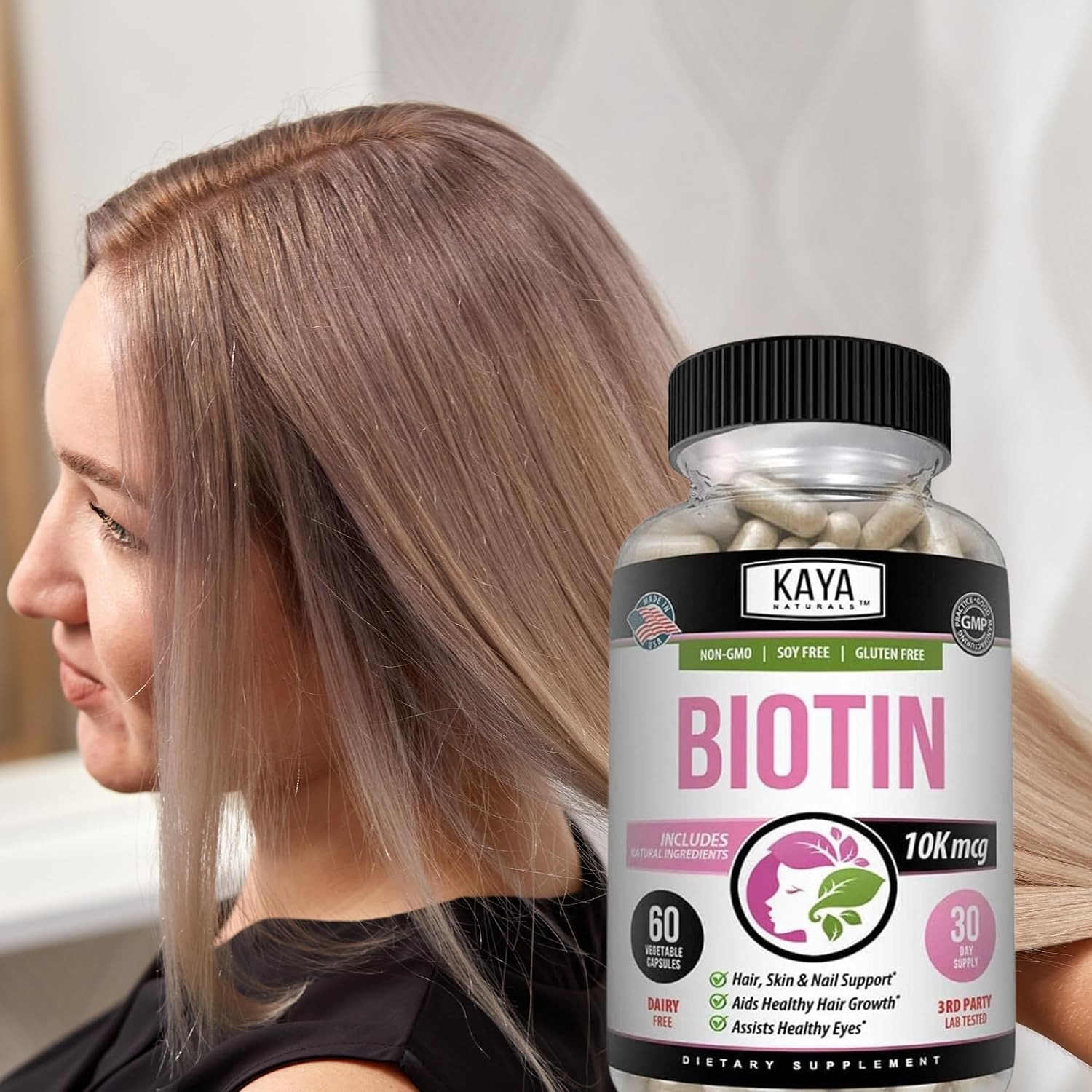 Kaya Naturals Biotin 1000mcg | Hair, Skin & Nail Support | 60 Count thumbnail 5