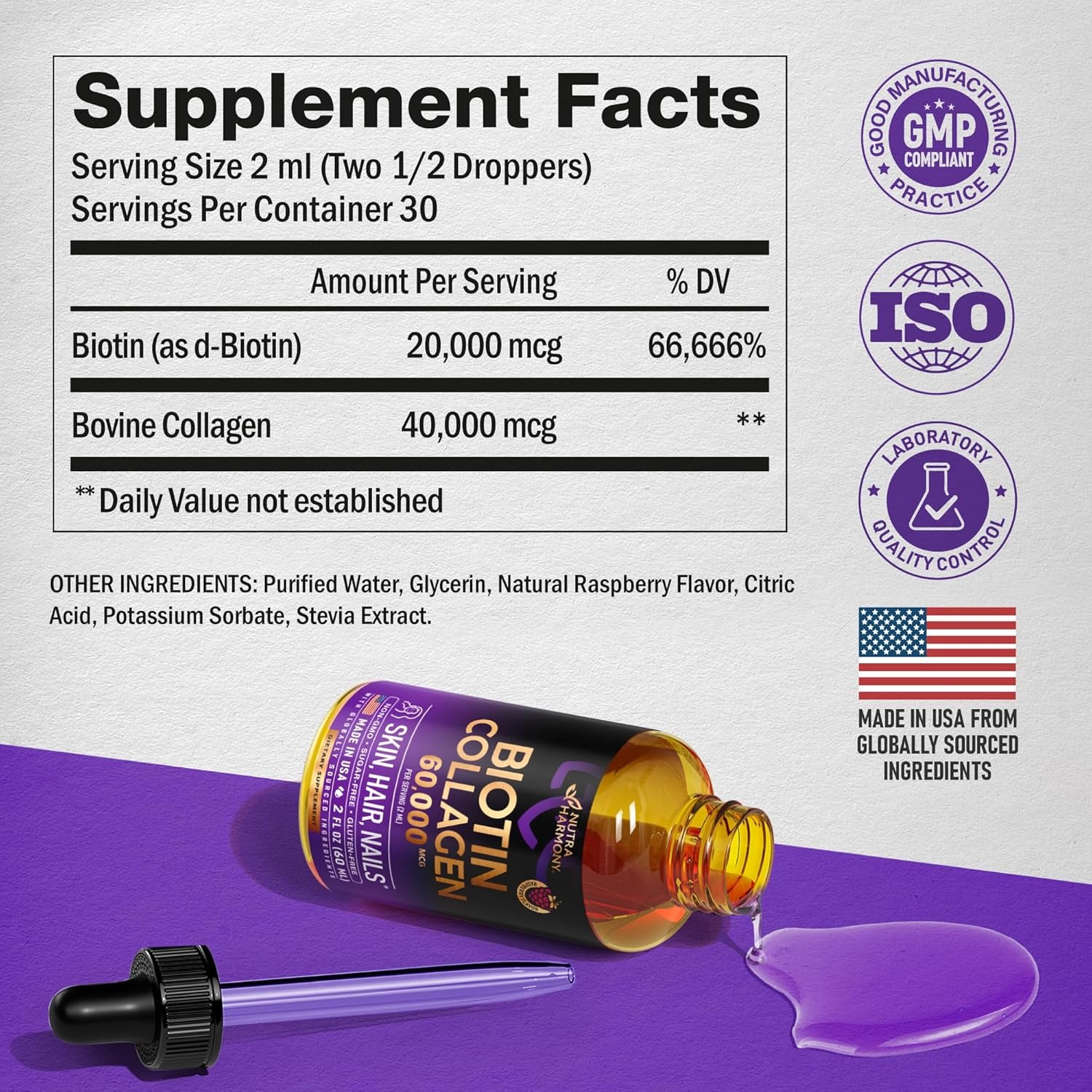 Liquid Biotin & Collagen 60,000mcg | Hair Growth Support Supplement thumbnail 2