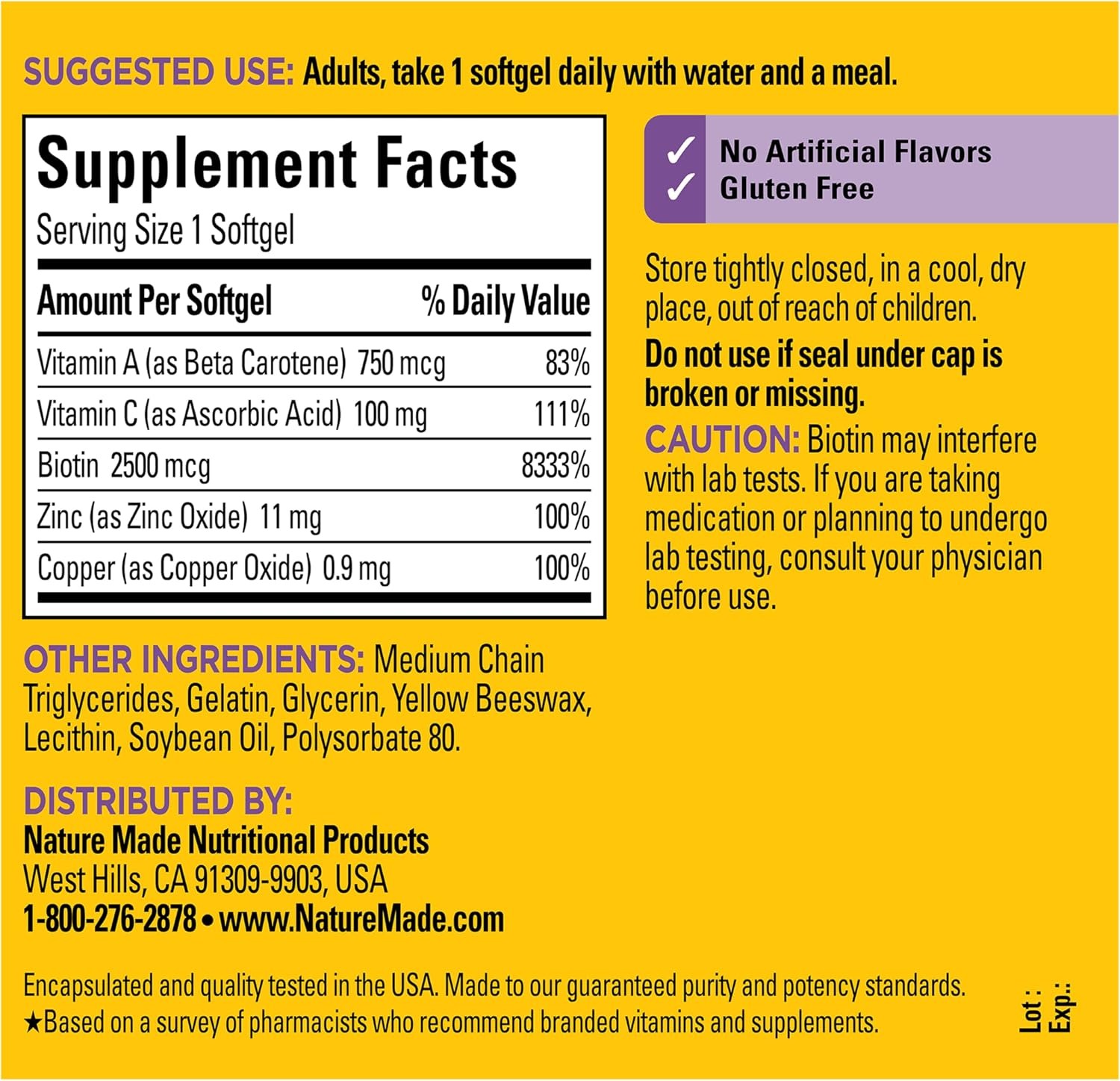 Nature Made Hair Skin & Nails with Biotin 2500mcg | 120 Softgels thumbnail 2