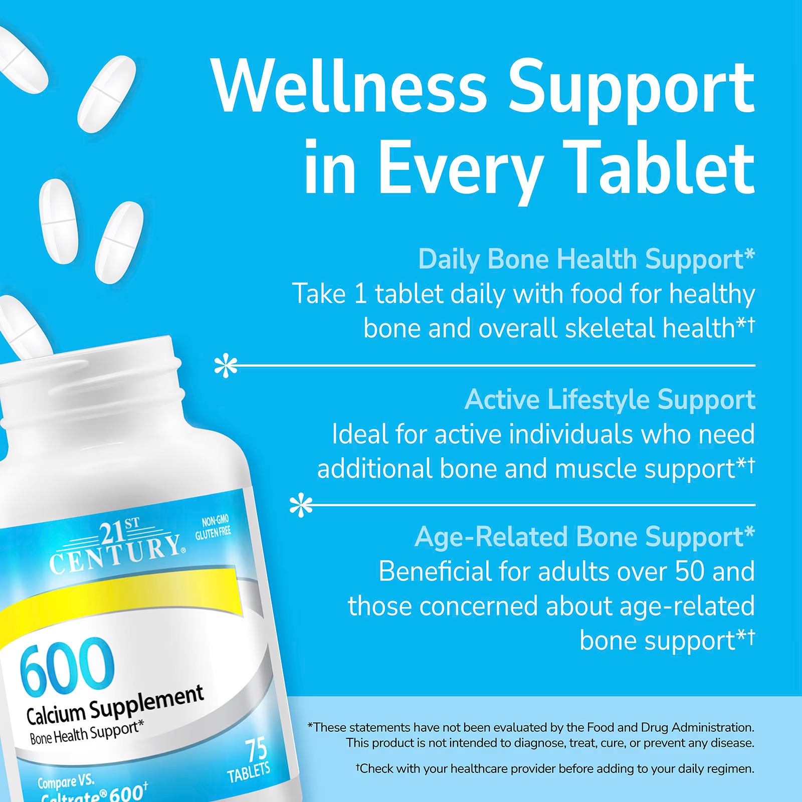 21st Century Calcium 600mg Supplement | Bone & Daily Wellness Support | 75 Tablets thumbnail 3