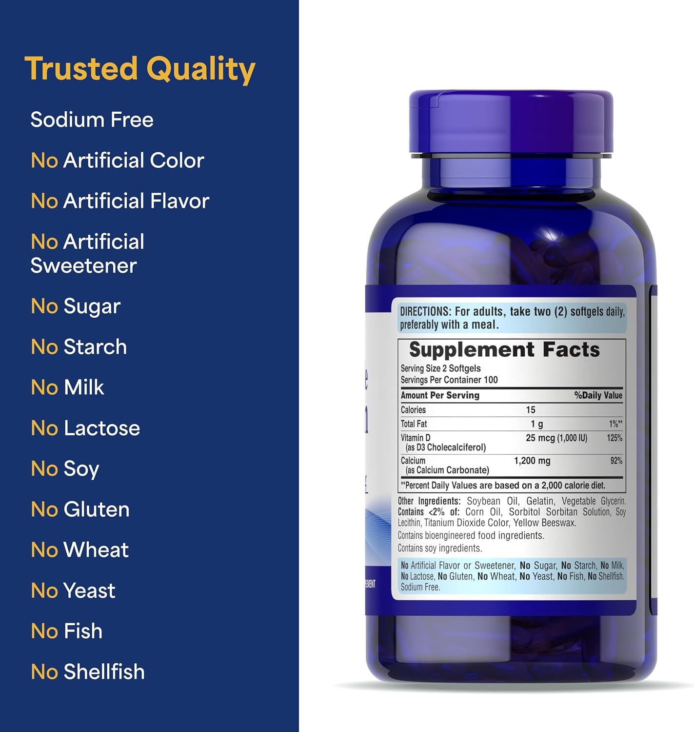 Puritan's Pride Absorbable Calcium with Vitamin D3 | 1,200mg | 200 Softgels thumbnail 2