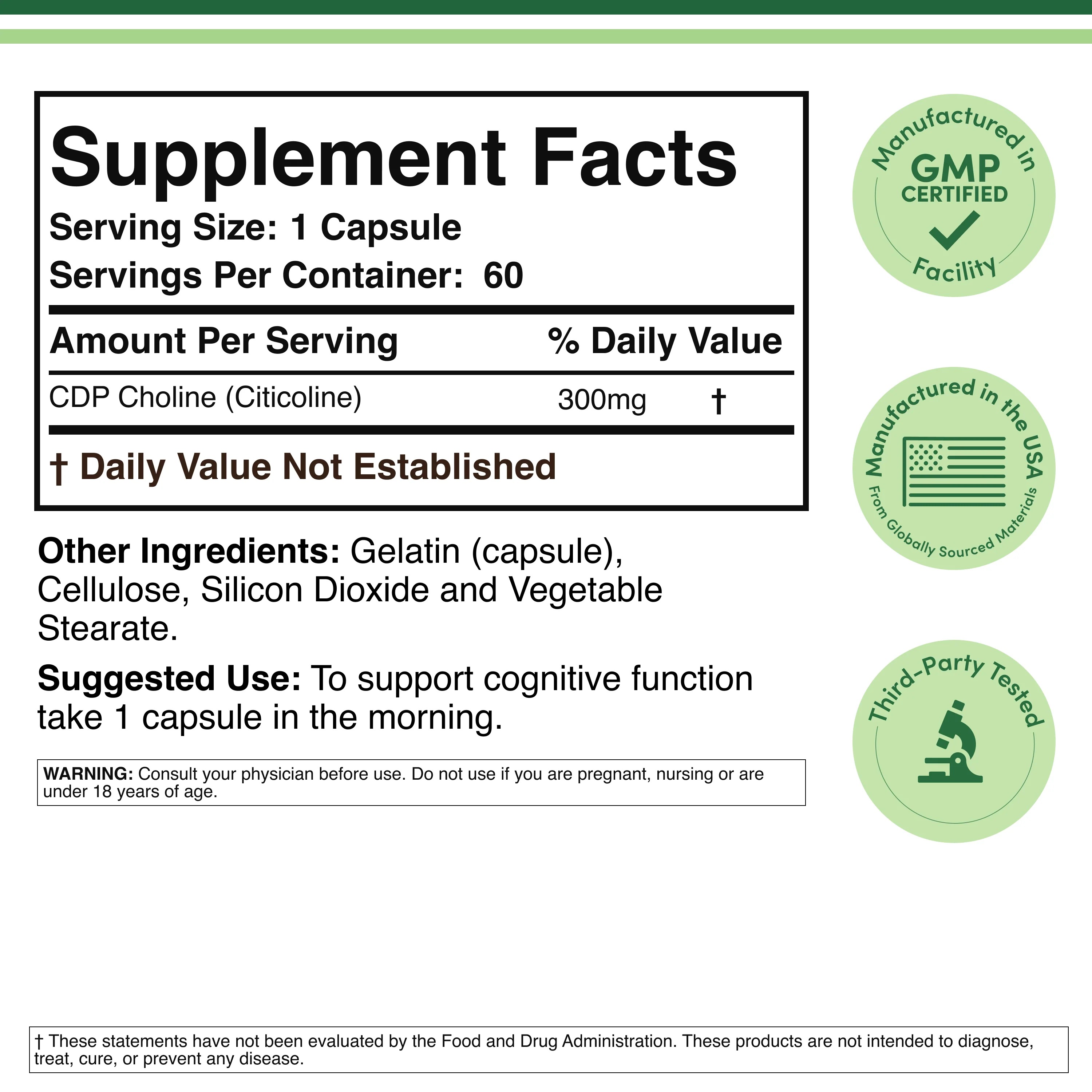 Double Wood Supplements CDP Choline Citicoline | 300mg | 60 Capsules | Pack of 2 thumbnail 3