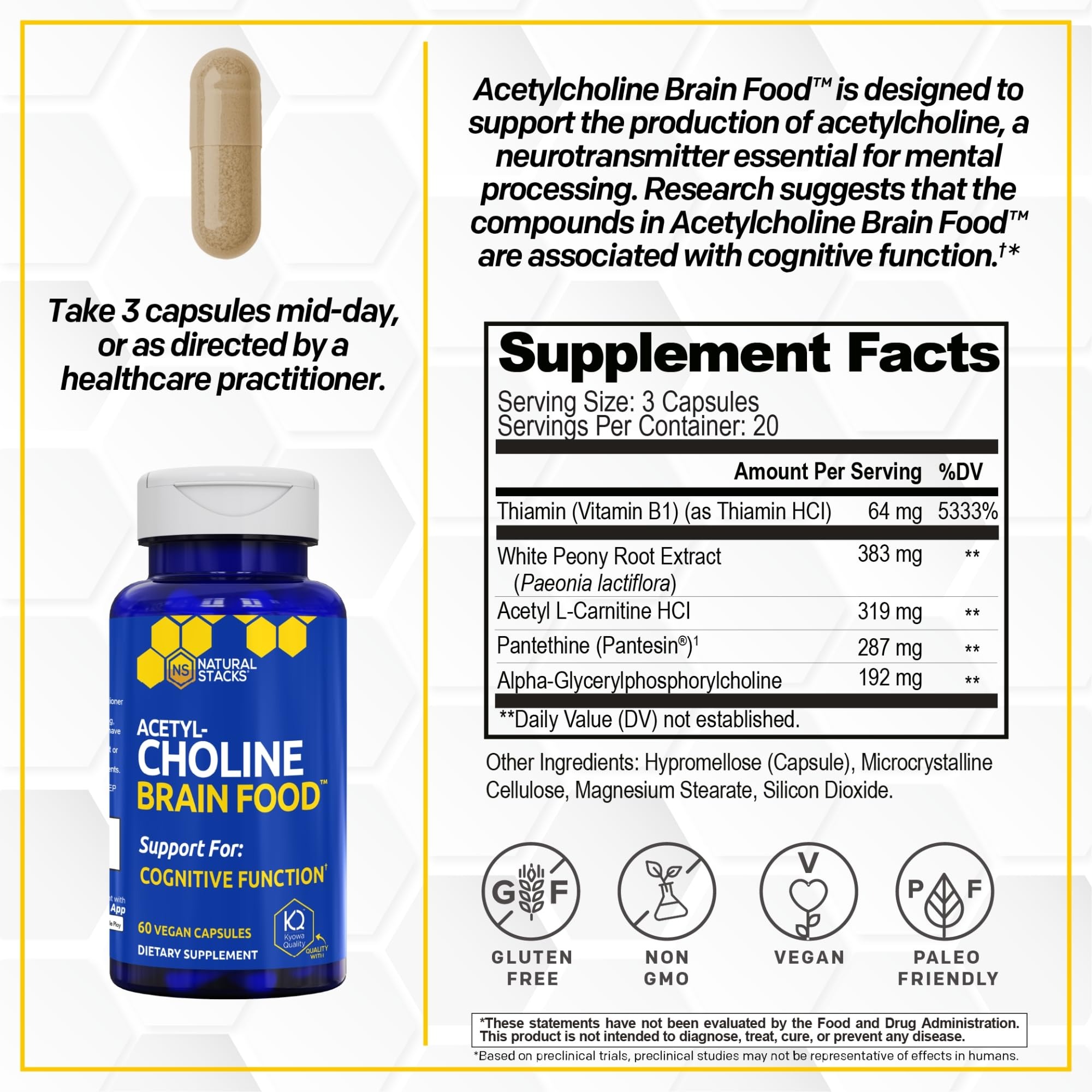 Acetylcholine Brain Food with Alpha GPC | Cognitive Function Support | 60 Ct thumbnail 2