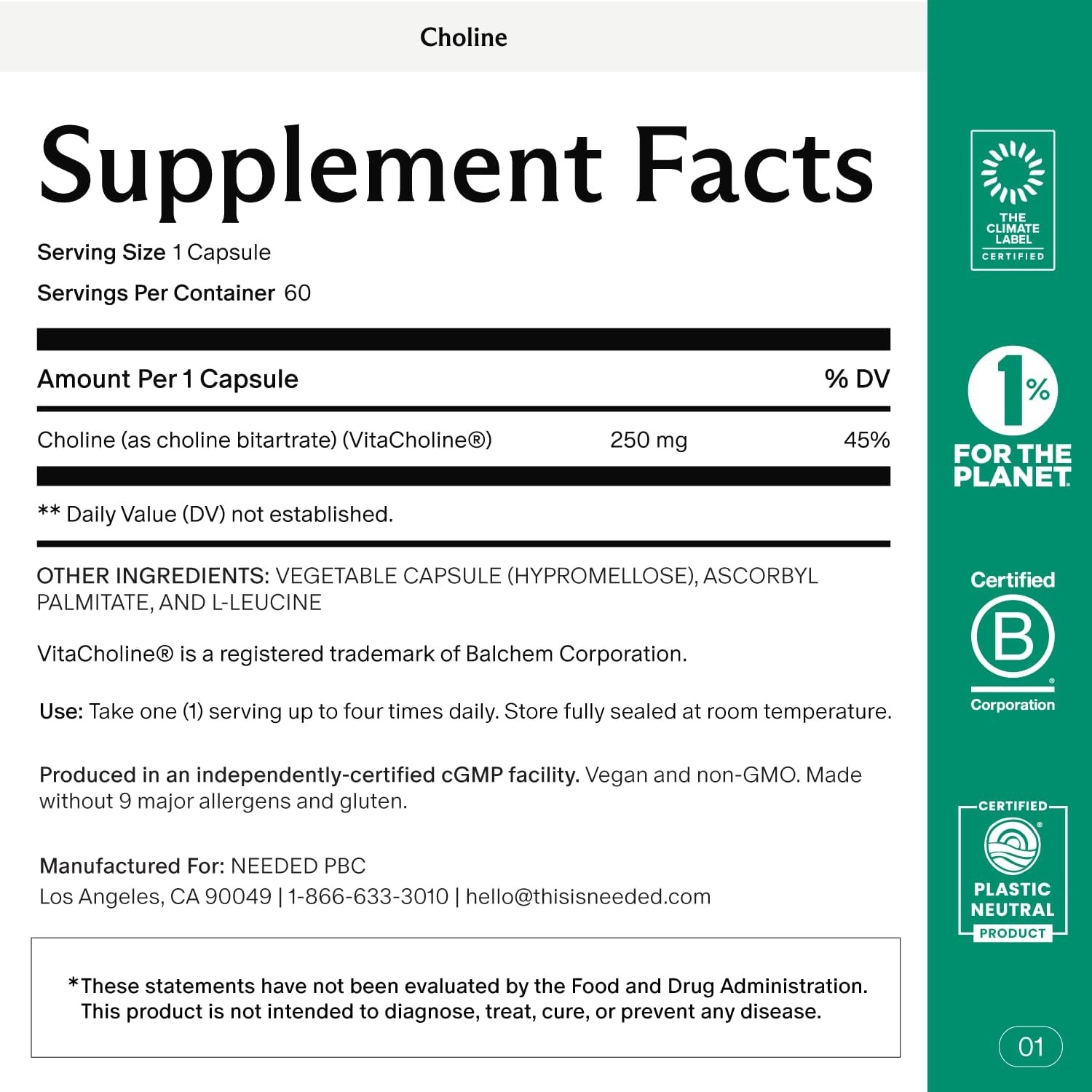 Needed Prenatal Choline 250mg | Prenatal Supplement for Women | 60 Capsules thumbnail 5