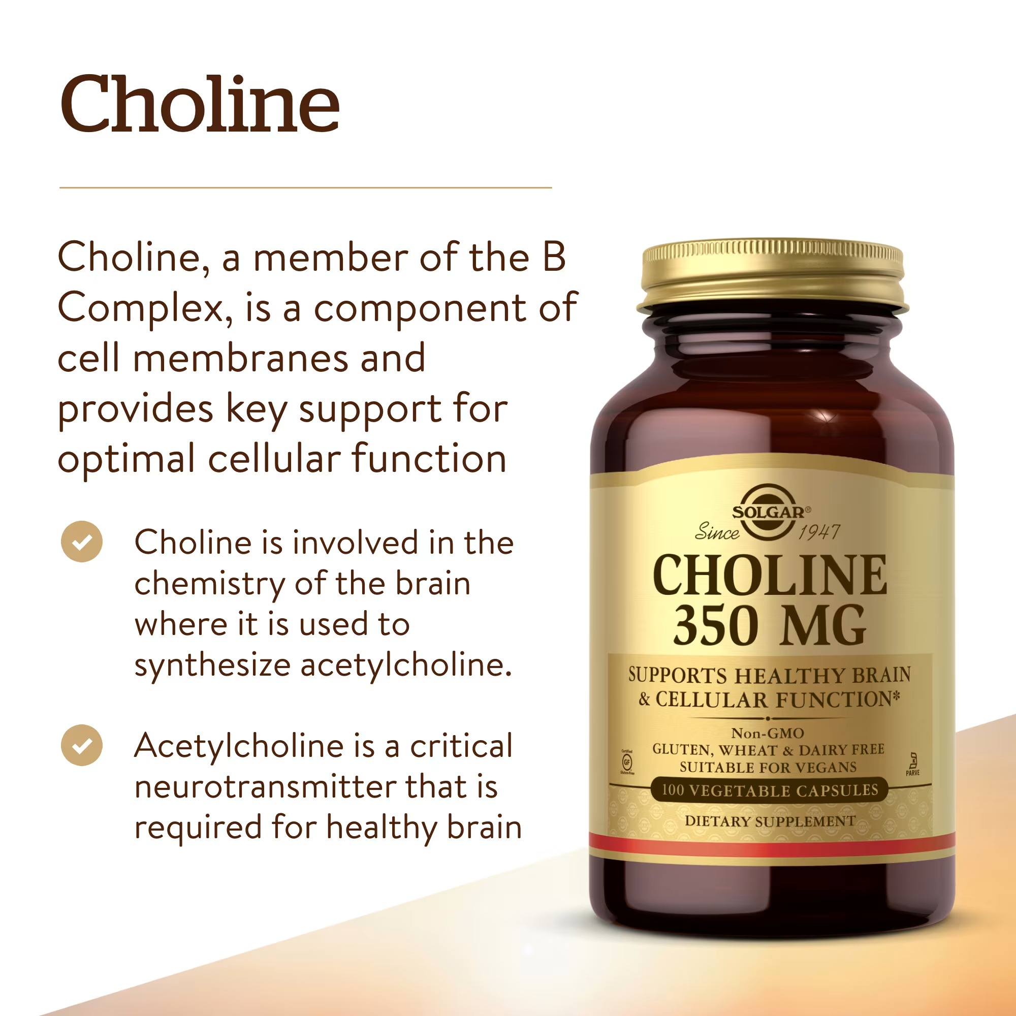 Solgar Choline 350mg Vegetable Capsules | Daily Choline Supplement | 100 Count thumbnail 3