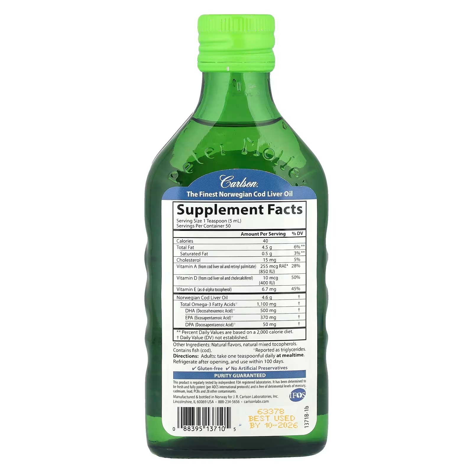 Carlson Cod Liver Oil 1,100mg | Natural Green Apple Flavor | 8.4 fl oz thumbnail 2