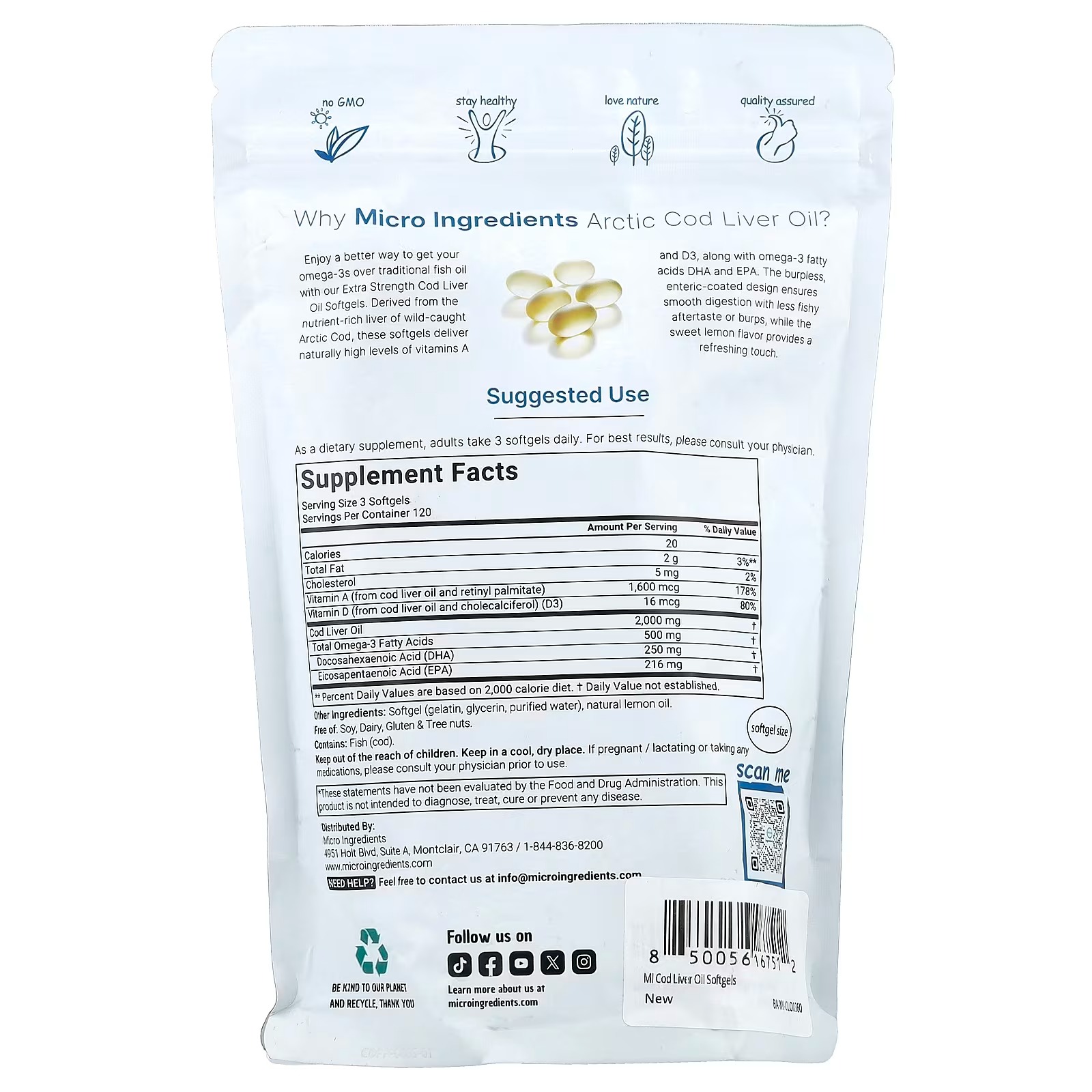 Micro Ingredients Arctic Cod Liver Oil | Lemon | 666mg | 360 Softgels thumbnail 2