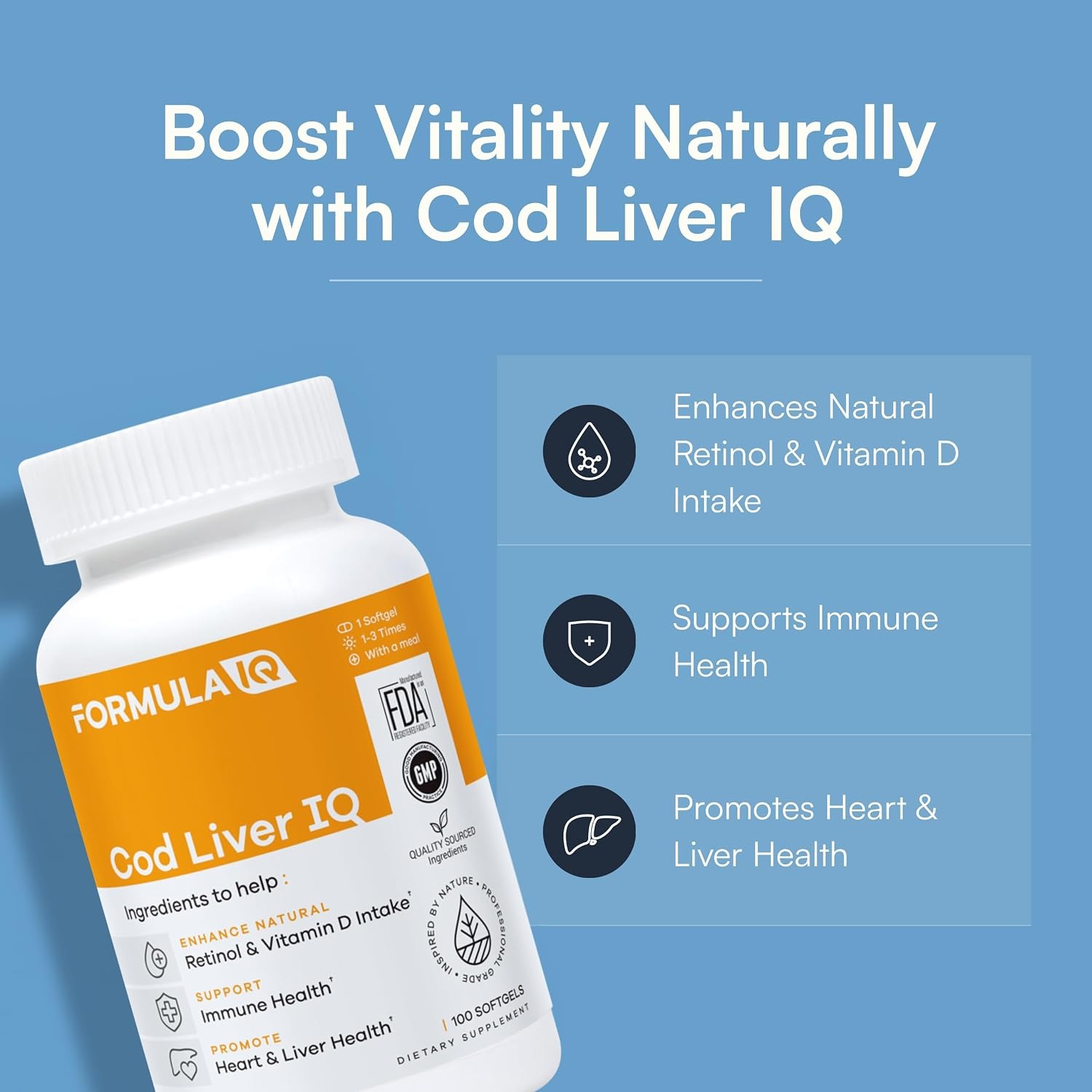 FIQ Formula IQ Cod Liver Oil | Daily Fish Oil Supplement | 100 Softgels thumbnail 2