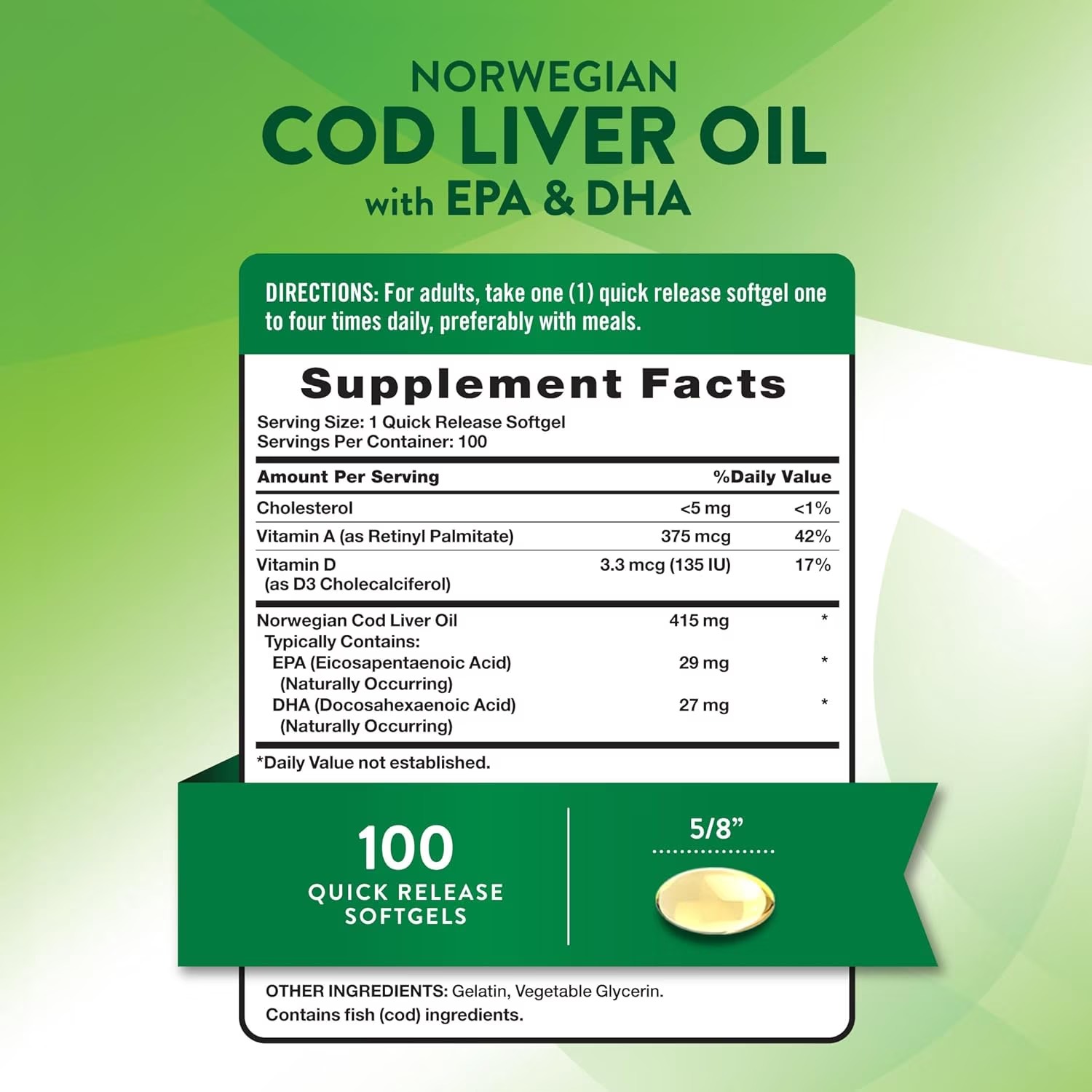 Nature's Truth Norwegian Cod Liver Oil | EPA & DHA | 100 Softgels thumbnail 2