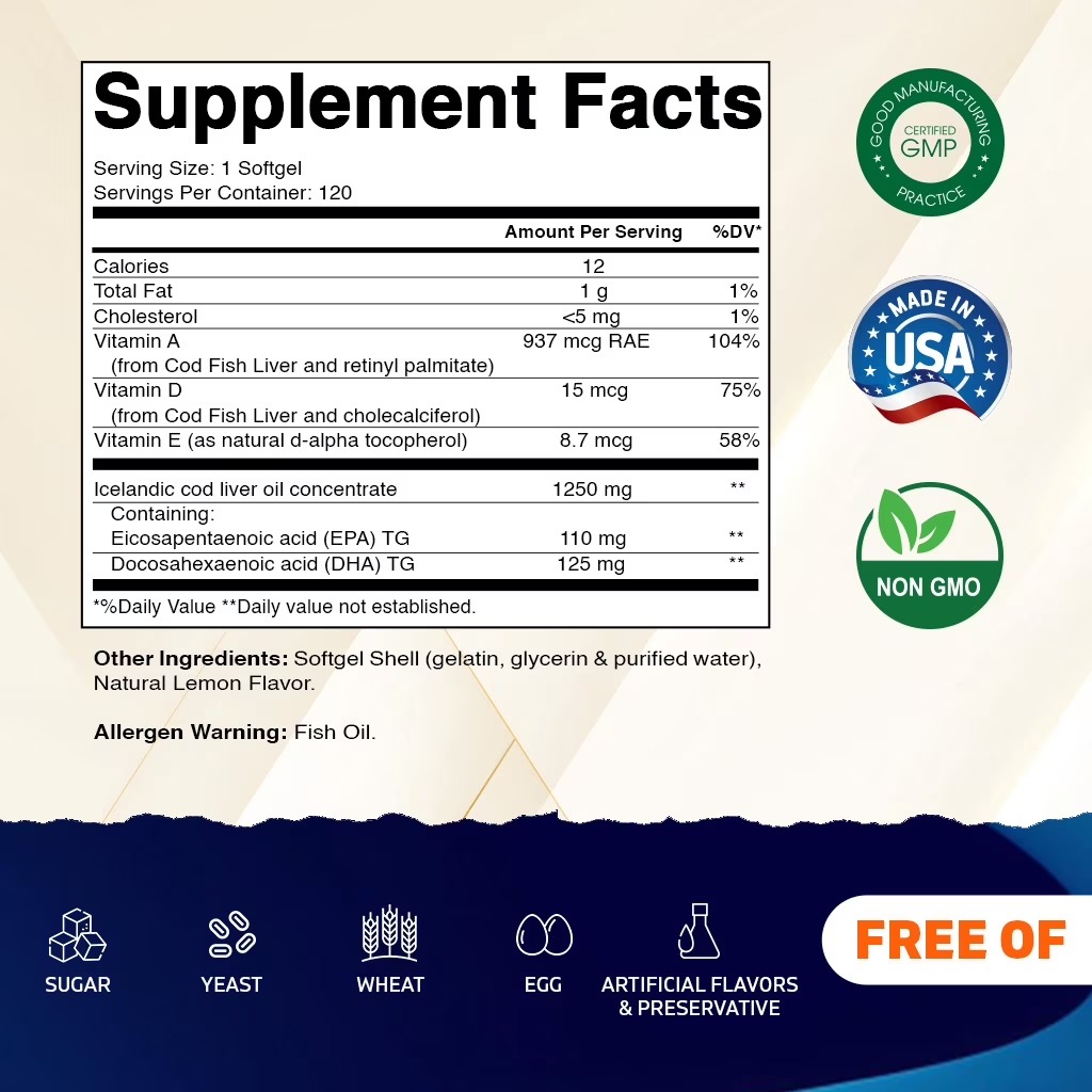 Vitamatic Cod Liver Oil 1250mg | Icelandic Fish Oil | Lemon | 120 Count thumbnail 3