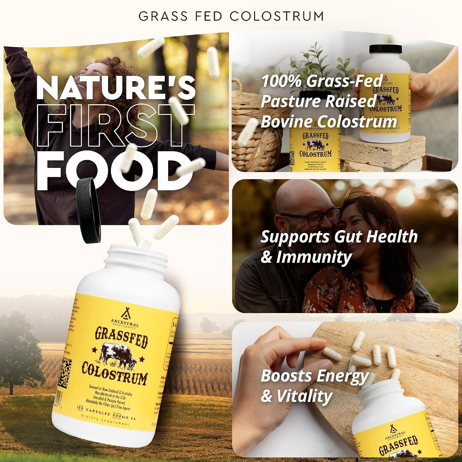 Ancestral Supplements Grass Fed Beef Colostrum | 3000mg | 180 Capsules thumbnail 3