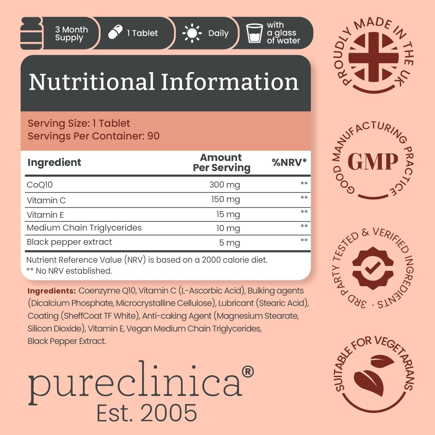 PureClinica Fermented CoQ10 300mg | Vitamin C & Black Pepper | 90 Tablets thumbnail 2