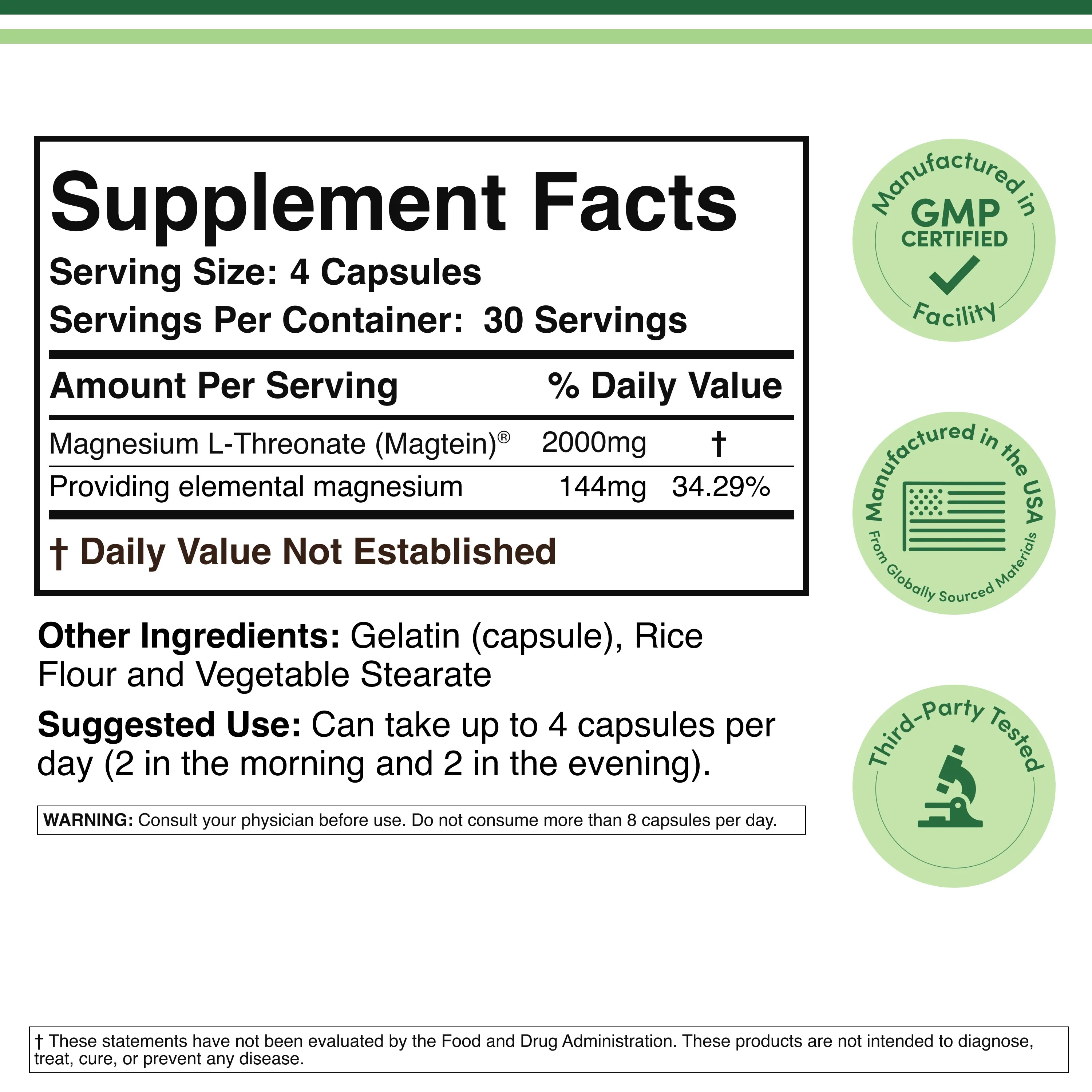 Magnesium L-Threonate Magtein® 2000mg | Clinically Studied | 120 Caps thumbnail 2