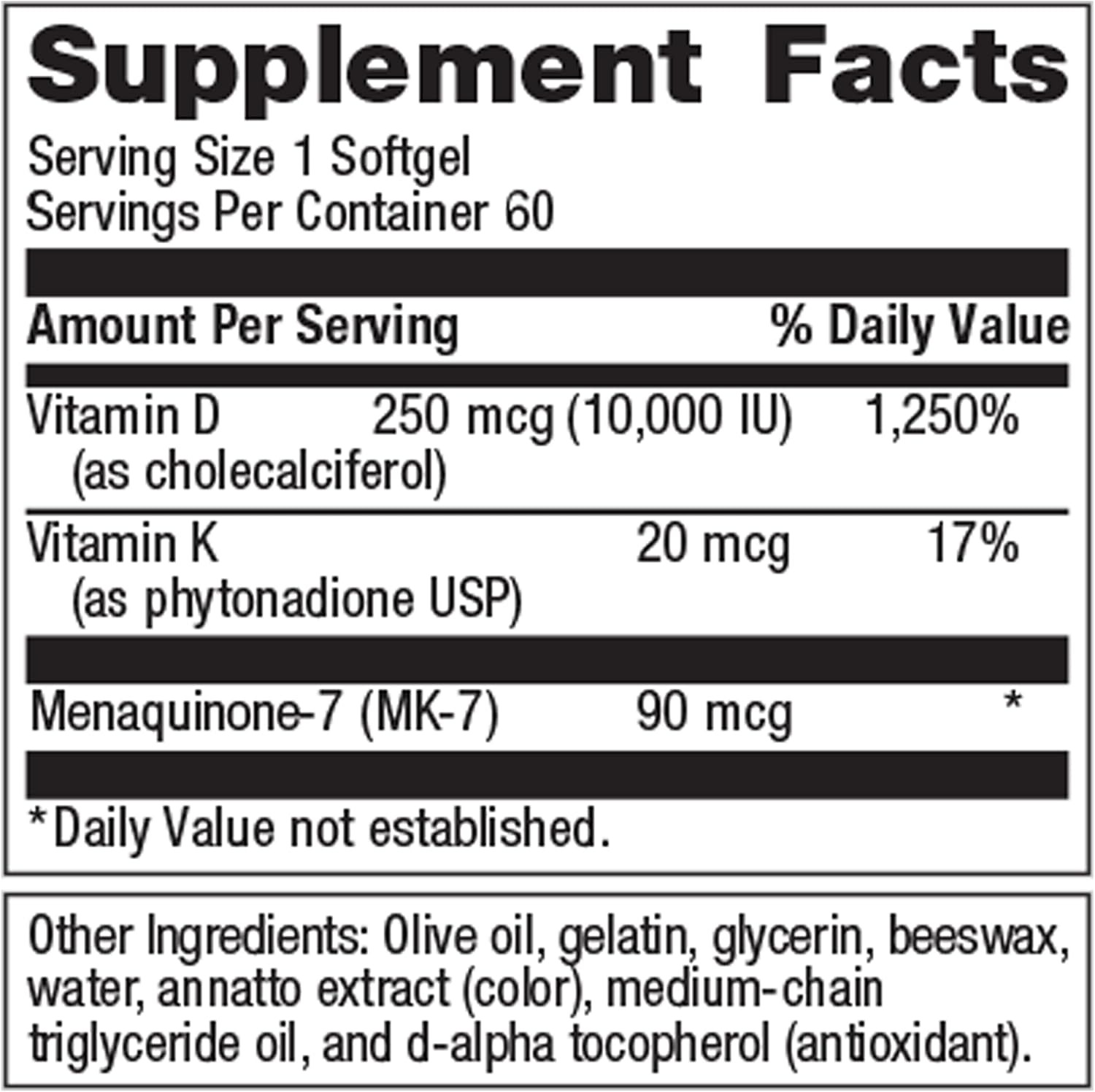 Metagenics Vitamin D3 + K | 5,000 IU D3 with MK-7 K2 | 60 Softgels thumbnail 2