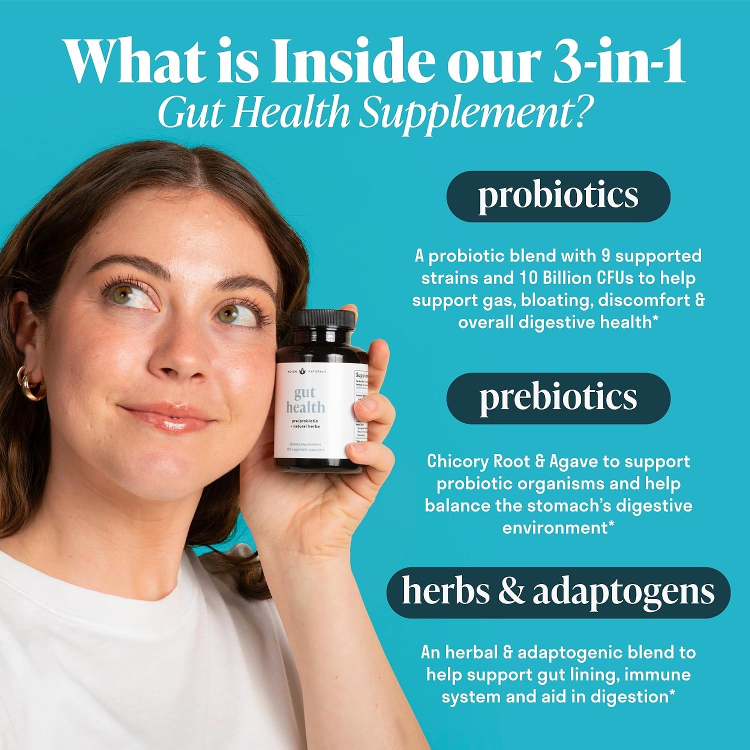 Nuven Naturals Gut Health Supplement | Probiotics, Prebiotics & Herbs thumbnail 7