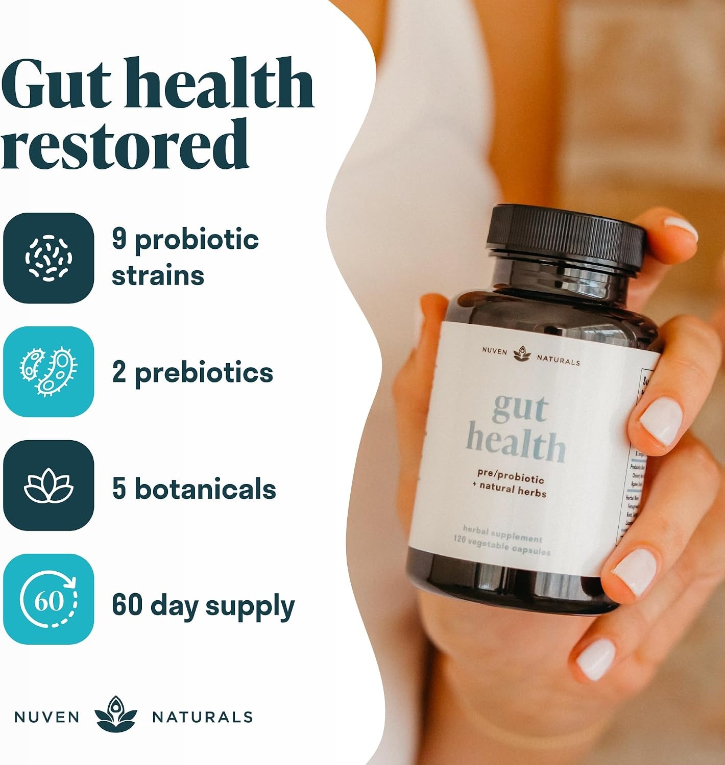 Nuven Naturals Gut Health Supplement | Probiotics, Prebiotics & Herbs thumbnail 3