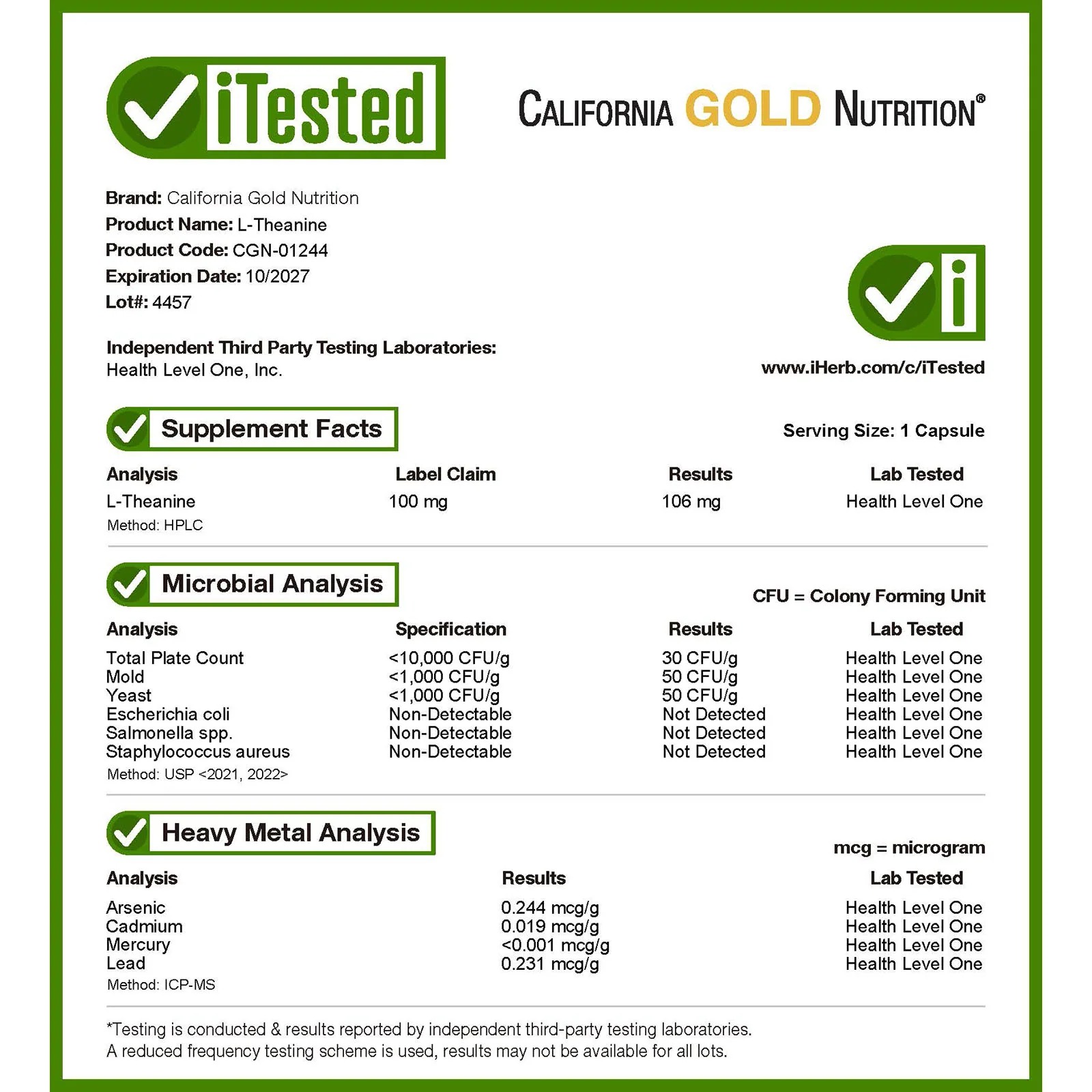 California Gold Nutrition L-Theanine 60 Capsules Pakistan thumbnail 3