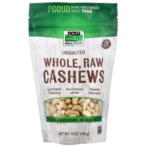 NOW Foods Certified Organic Cashews Whole Raw and Unsalted Rich Buttery Flavor Source of Fiber Protein and Iron