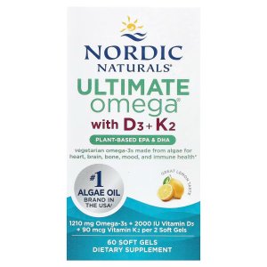 Nordic Naturals Plant-Based Omega-3 D3+K2 1210mg,Vegan Softgels - 60 Count